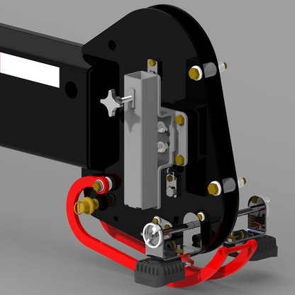 Mechanical component with black, red, and gray colors on a gray background