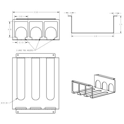 Technical drawing of a tool holder with dimensions and details