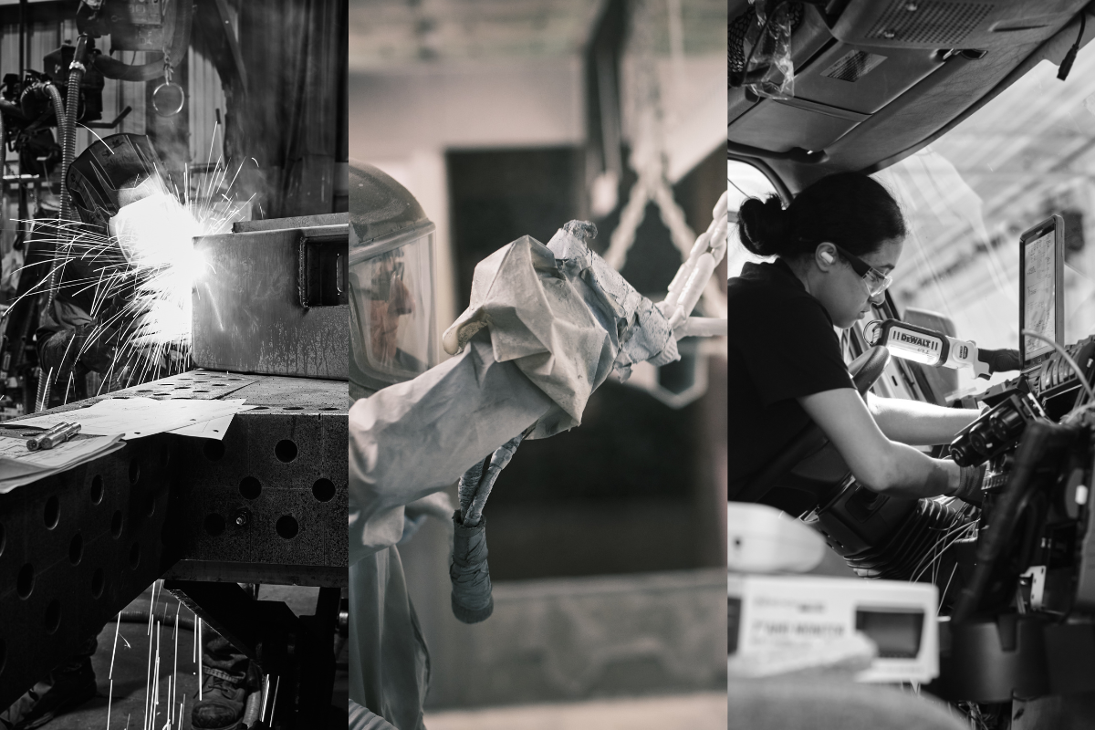 Three side by side images of people welding, painting, and cleaning in a manufacturing facility