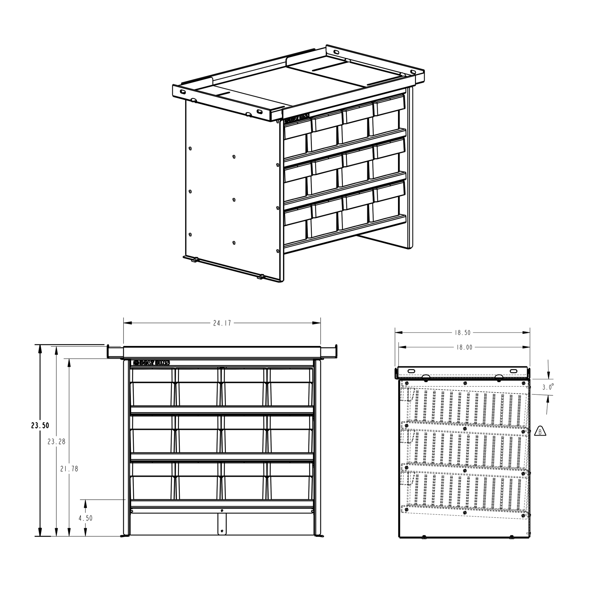 Technical drawing of bolt bins with dimensions on a white background
