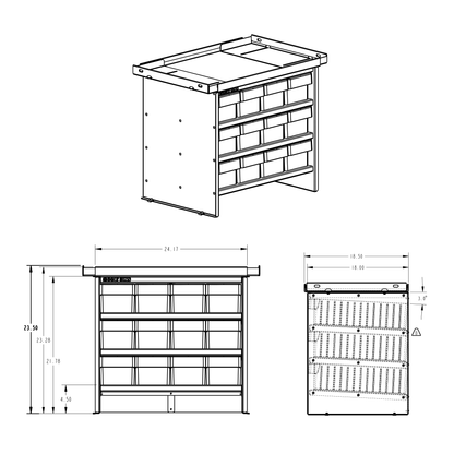 Technical drawing of bolt bins with dimensions on a white background