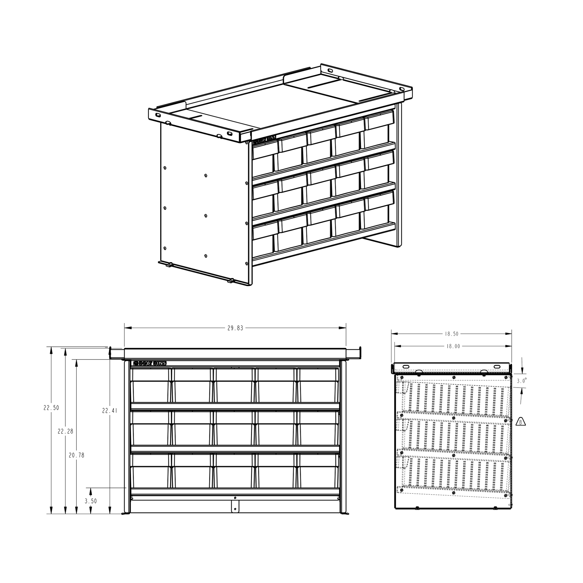 Technical drawing of bolt bins with dimensions on a white background