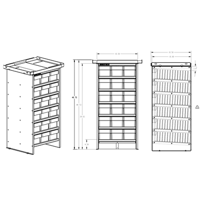 Technical drawing of bolt bins with dimensions on a white background