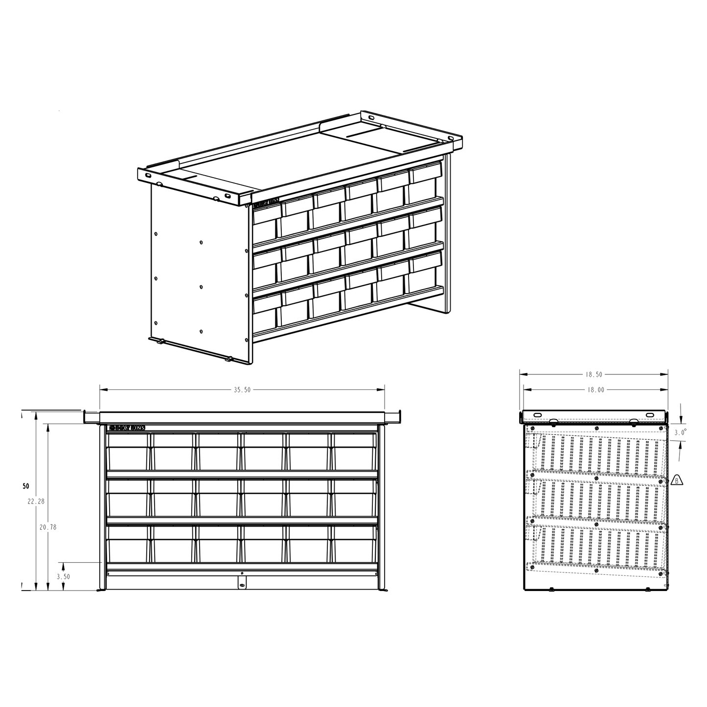 Technical drawing of bolt bins with dimensions on a white background