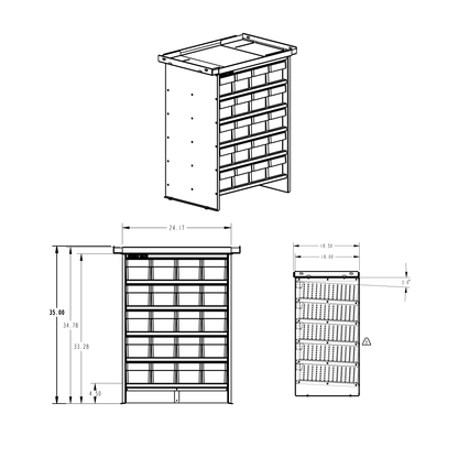 Technical drawing of bolt bins with dimensions on a white background