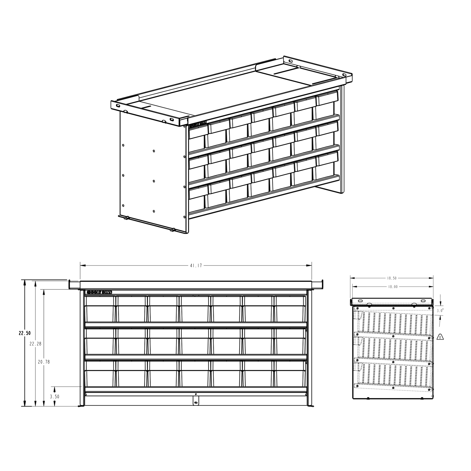 Technical drawing of bolt bins with dimensions on a white background