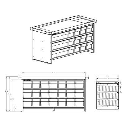 Technical drawing of bolt bins with dimensions on a white background