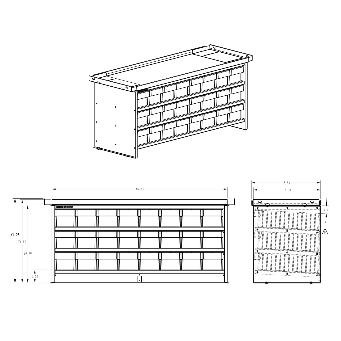 Technical drawing of bolt bins with dimensions on a white background