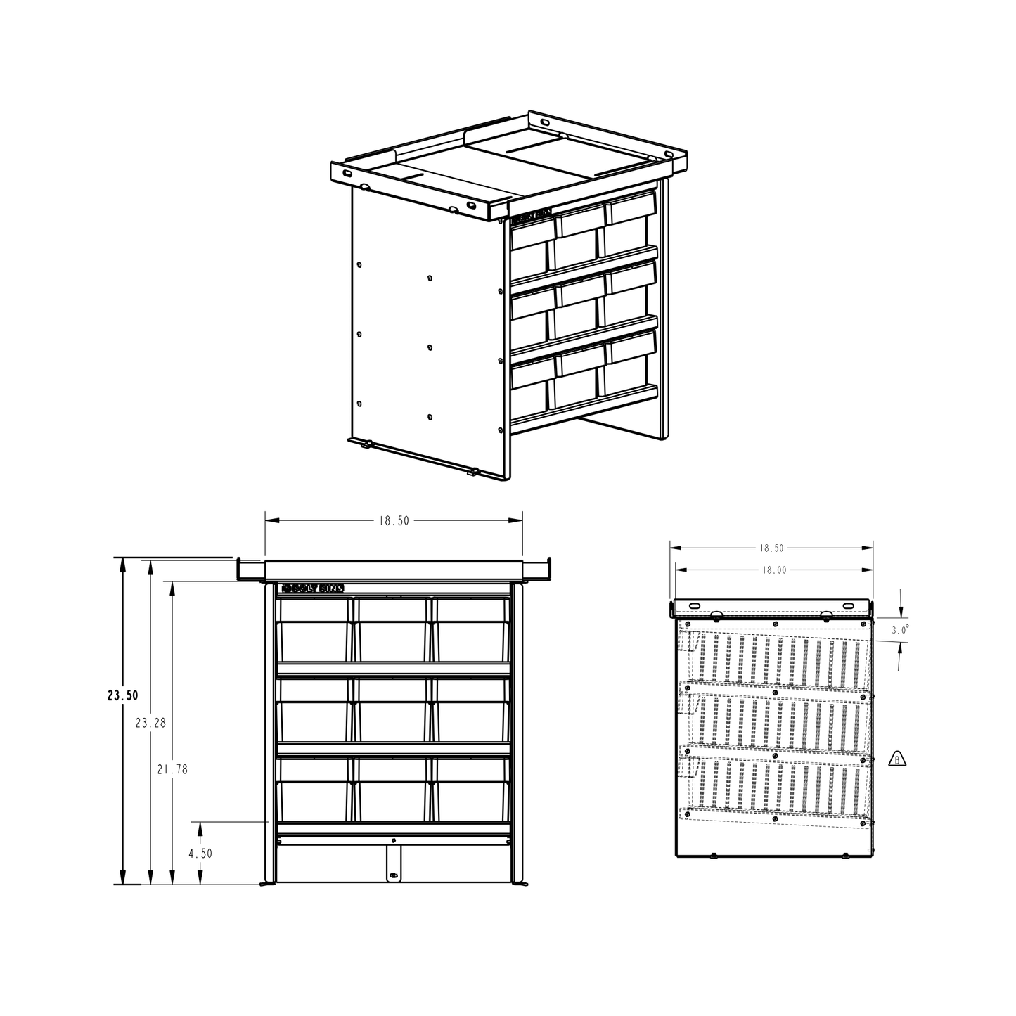 Technical drawing of bolt bins with dimensions on a white background