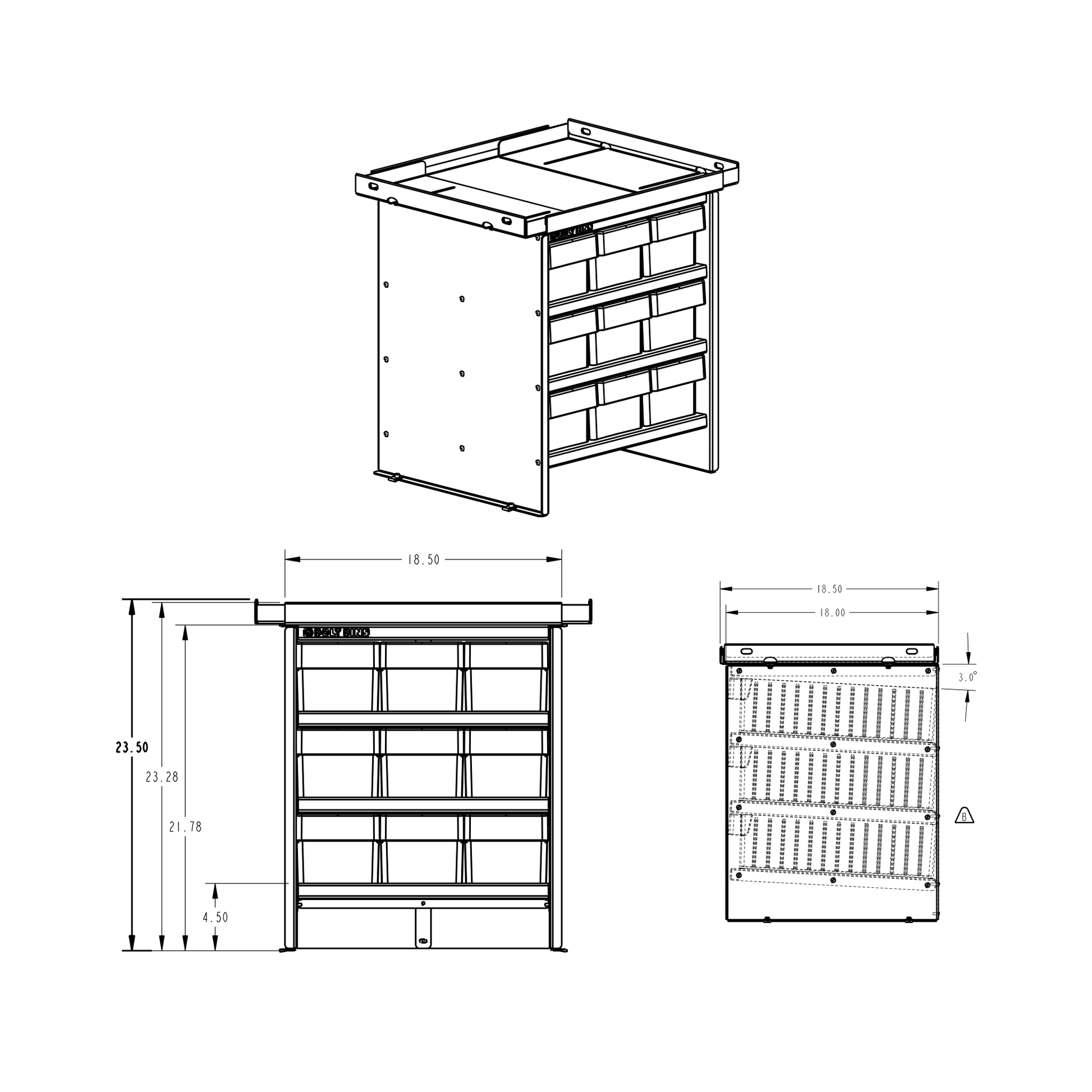 Technical drawing of bolt bins with dimensions on a white background