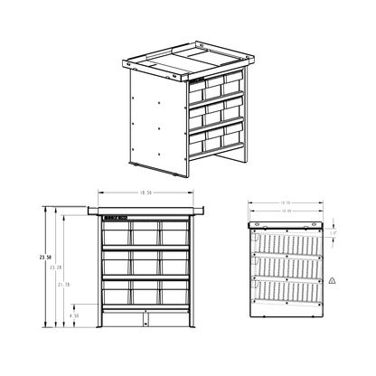 Technical drawing of bolt bins with dimensions on a white background