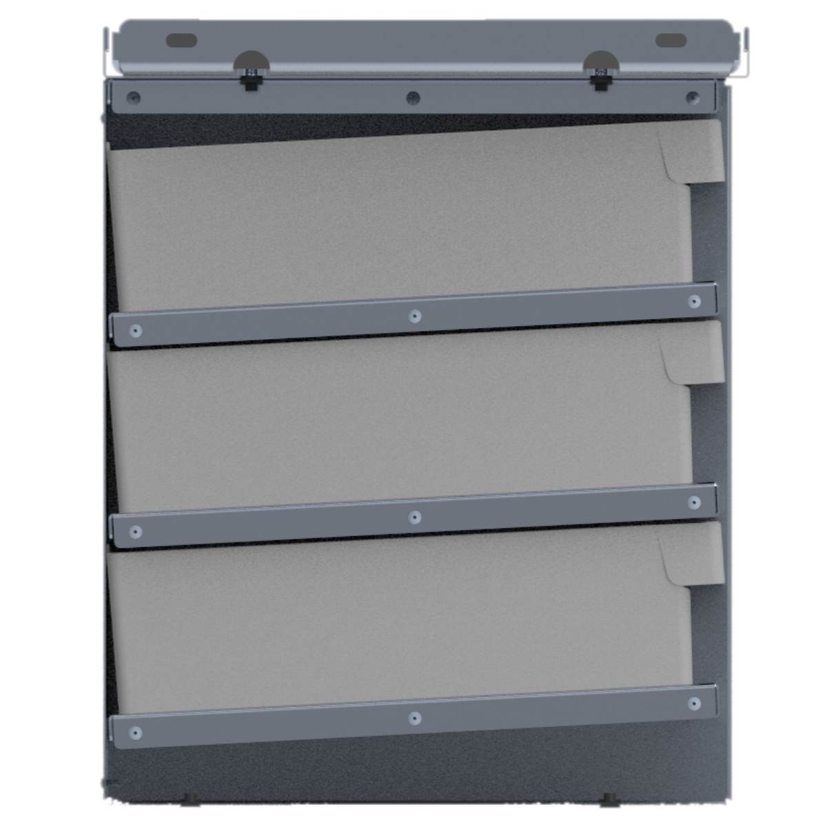 Rendered image of angled shelves in bolt bins