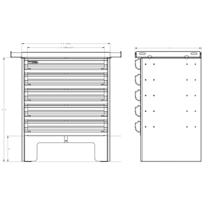 Technical drawing of a dualock drawers with dimensions labeled