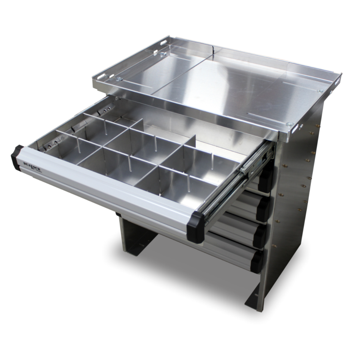 Aluminum toolbox drawer set with open drawer and dividers on white background