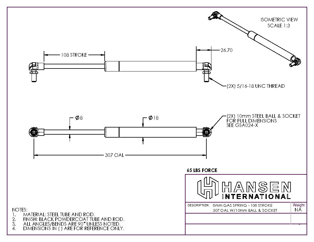 Hansen International Gas Spring - 12.087" Extended, 65# Force - Service Truck Accessories