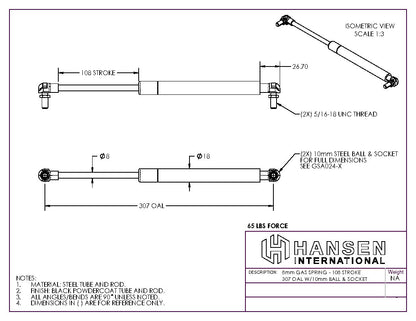 Hansen International Gas Spring - 12.087" Extended, 65# Force - Service Truck Accessories