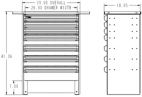 Technical drawing of a dualock drawers with dimensions labeled