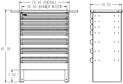 Technical drawing of a dualock drawers with dimensions labeled