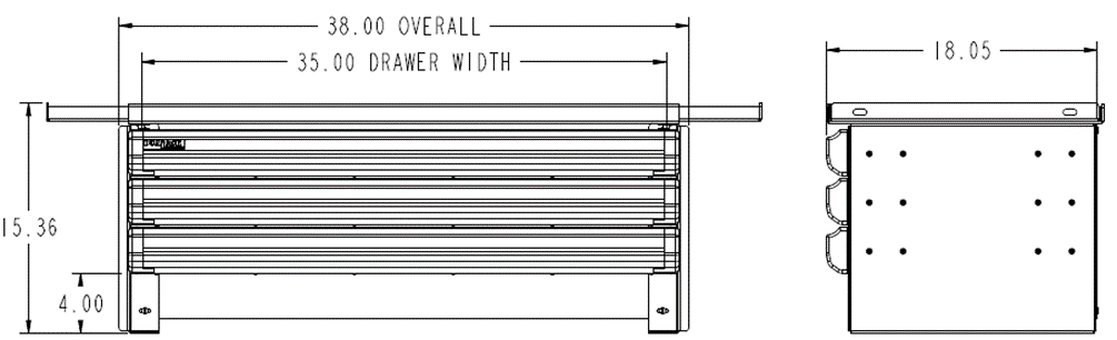 Technical drawing of a dualock drawers with dimensions labeled