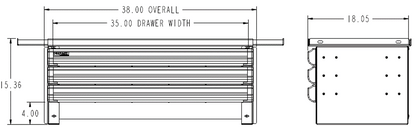 Technical drawing of a dualock drawers with dimensions labeled