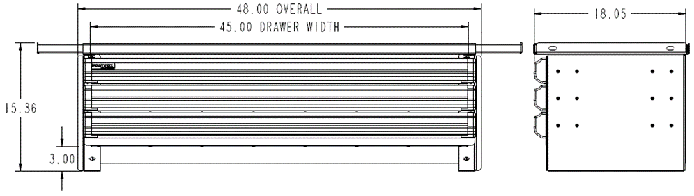 Technical drawing of a dualock drawers with dimensions labeled